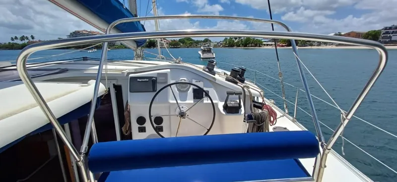  Yacht Photos Pics Helm of 2008 Fountaine Pajot Orana 44 Grand Large catamaran with ocean view.