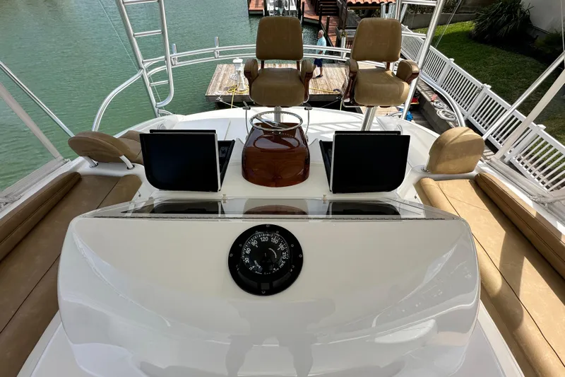 Wildcatter Yacht Photos Pics Flybridge of 2017 Viking 55 Convertible yacht with helm chairs and navigation equipment.