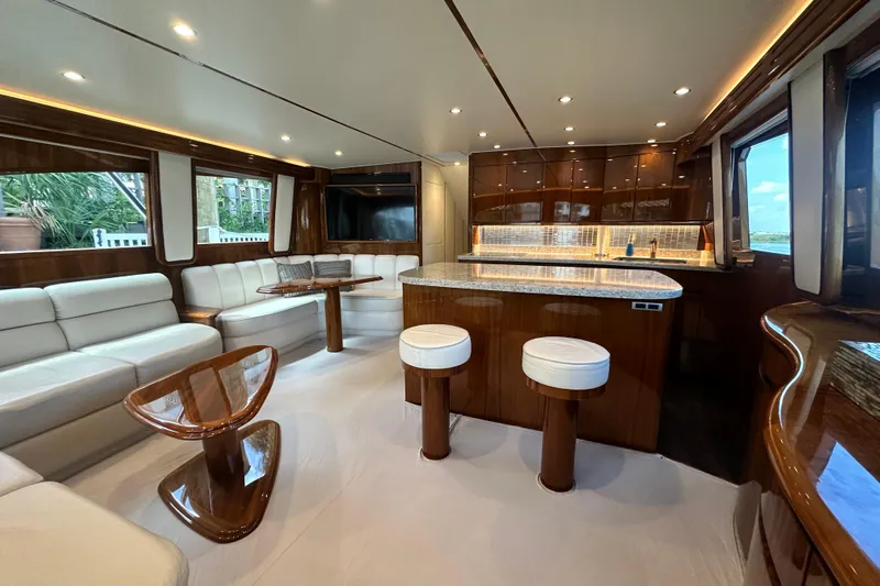 Wildcatter Yacht Photos Pics Luxurious interior of 2017 Viking 55 Convertible yacht with elegant seating and modern kitchen.