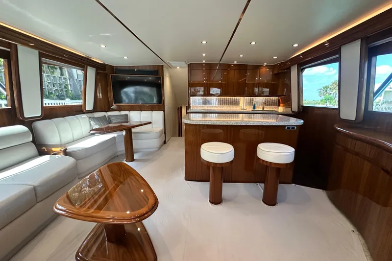 Wildcatter Yacht Photos Pics Luxurious interior of 2017 Viking 55 Convertible yacht with elegant seating and modern kitchen.