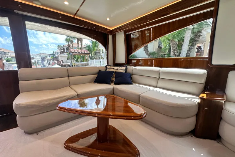 Wildcatter Yacht Photos Pics Luxurious interior of 2017 Viking 55 Convertible yacht with plush seating and elegant wood finishes.