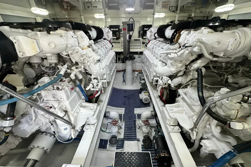 Wildcatter Yacht Photos Pics Engine room of a 2017 Viking 55 Convertible yacht, featuring dual MAN engines.