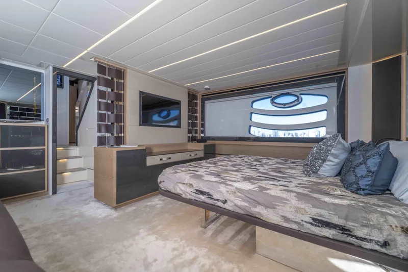 M Yacht Photos Pics Luxurious interior of a 2018 Pershing 70 yacht with modern design and elegant furnishings.