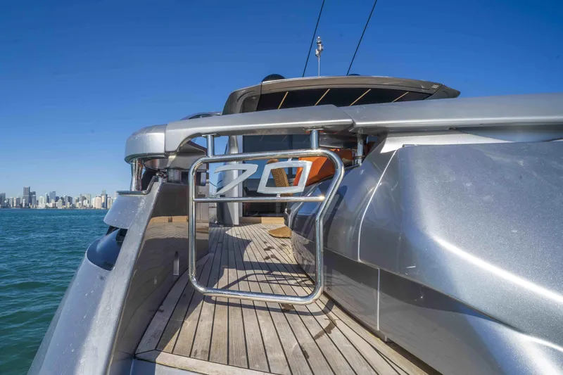 M Yacht Photos Pics 2018 Pershing 70 yacht on water with city skyline in background.