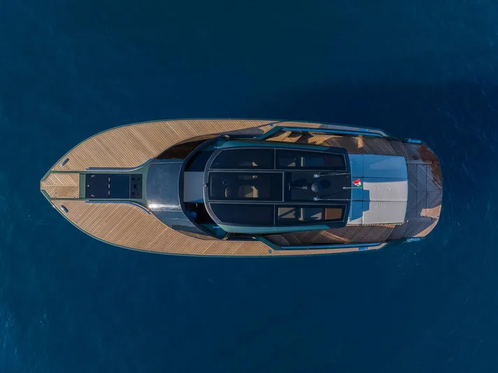  Yacht Photos Pics Overhead view of 2025 Nerea Yacht NY40 on calm blue water.