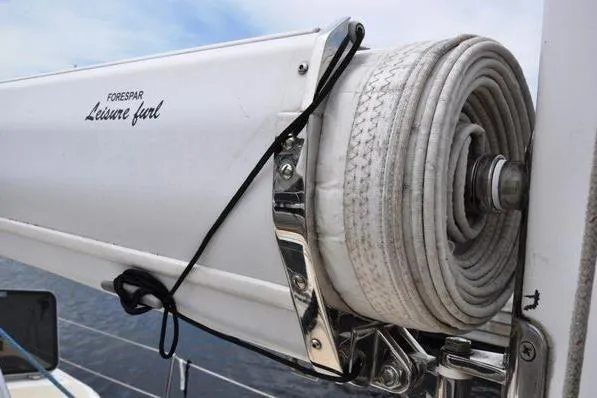 Dragonfly 1 Yacht Photos Pics Rolled sail on Tartan 4400 yacht, 2005 model, with "Leisure furl" system.