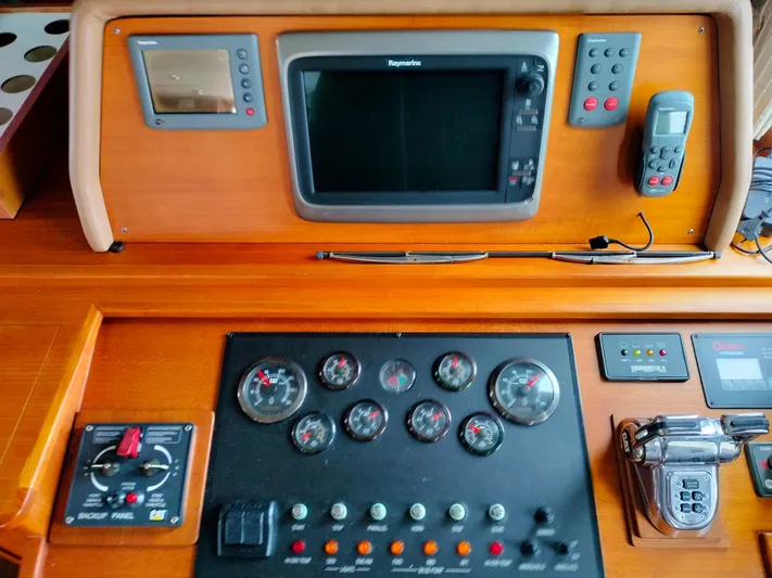 Sesaccia Yacht Photos Pics Control panel of a 2007 Grand Banks 47 Europa yacht with navigation instruments.