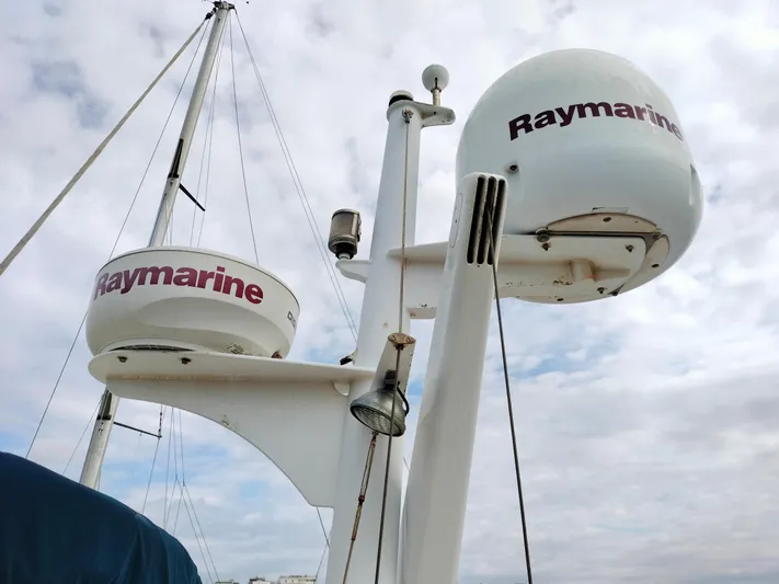 Sesaccia Yacht Photos Pics Radar equipment on a 2007 Grand Banks 47 Europa yacht with Raymarine branding.