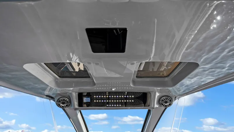  Yacht Photos Pics Interior view of 2022 Deep Impact 399 Cabin boat ceiling with speakers and controls.
