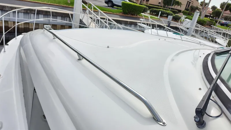 Drifter Yacht Photos Pics 2005 Sea Ray 390 Motor Yacht deck with stainless steel handrails.