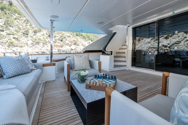Mac One Yacht Photos Pics Luxurious 2019 Custom Line Navetta 33 yacht deck with elegant seating and chess set.