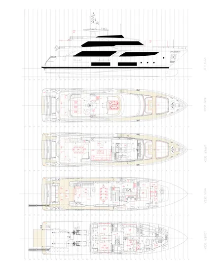 Mac One Yacht Photos Pics Blueprint of 2019 Custom Line Navetta 33 yacht, showcasing detailed deck layouts and side profile.