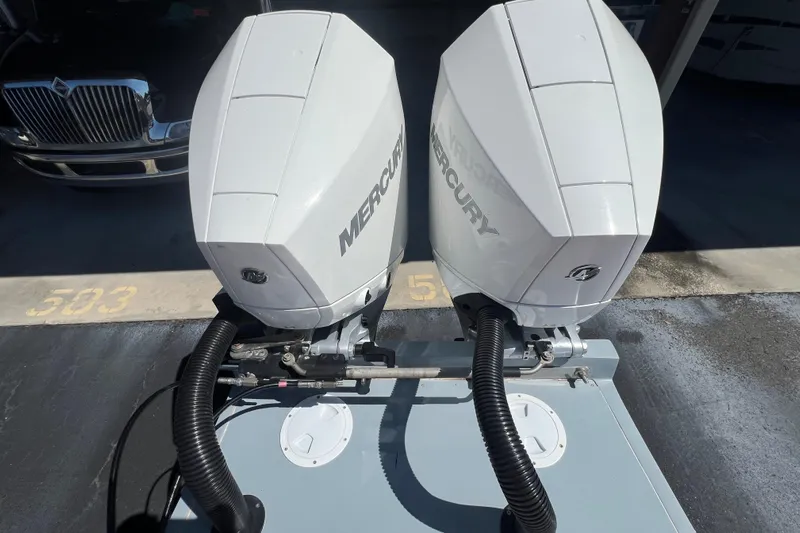  Yacht Photos Pics Twin Mercury outboard engines on a 2024 NX Boats 290 Exclusive.