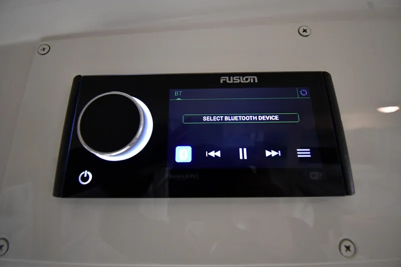 Patience III Yacht Photos Pics Fusion audio system interface on 1988 Viking 48 Convertible yacht, displaying Bluetooth device selection.
