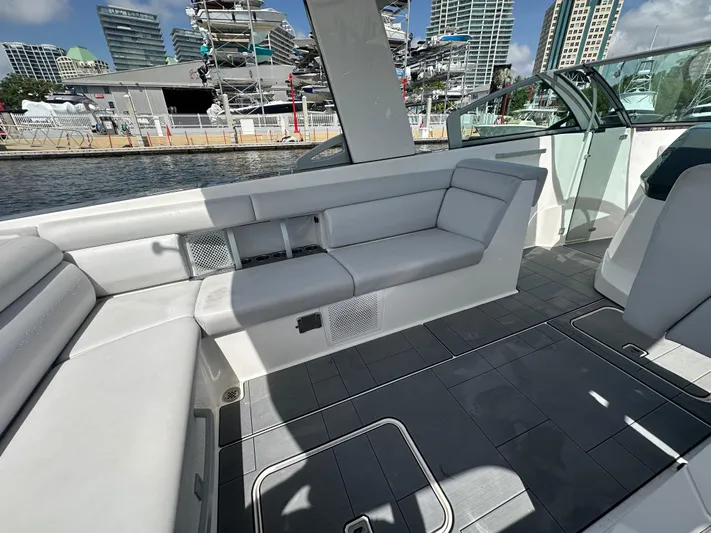  Yacht Photos Pics 2022 Aviara AV 32 OB boat interior with sleek seating and modern design.