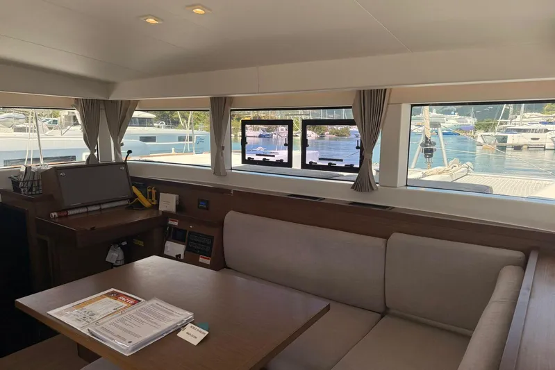 Noble Shadow Yacht Photos Pics Interior of 2022 Lagoon 40 catamaran with spacious seating and marina view.