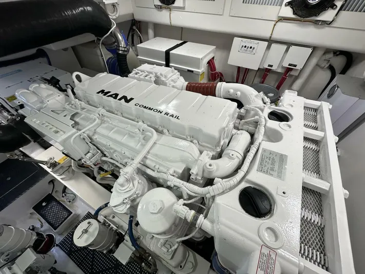 Galati Yacht Sales Trade Yacht Photos Pics Engine room of 2022 Viking 44 Sport Coupe with MAN common rail engine.