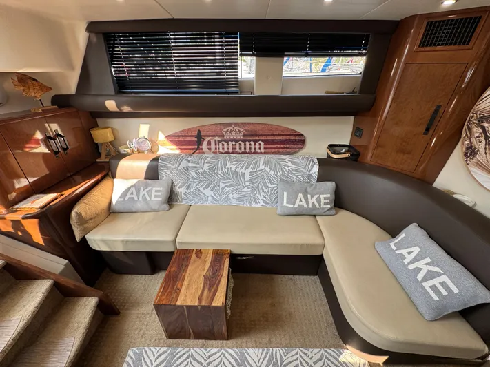  Yacht Photos Pics Interior of 2008 Carver 36 Mariner yacht with cozy seating and decorative pillows.