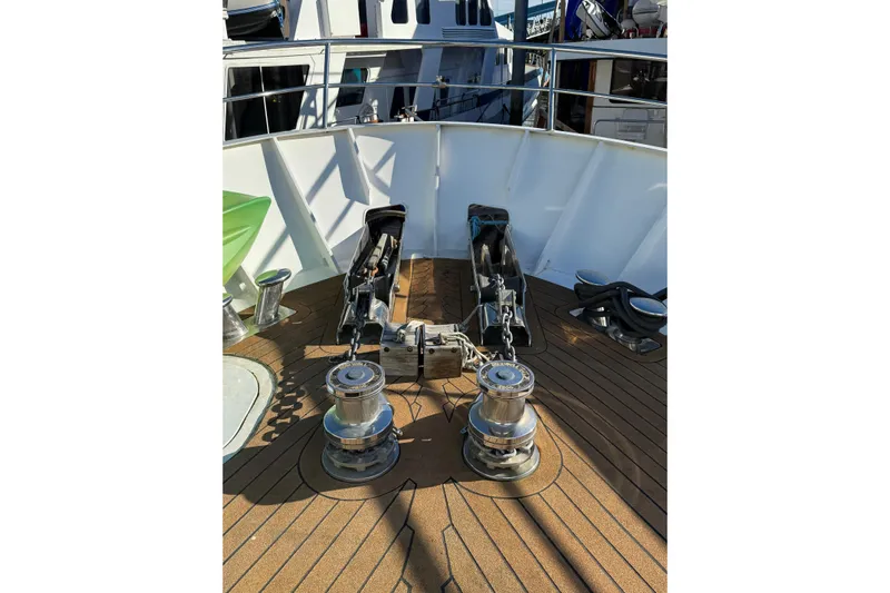 Evening Star Yacht Photos Pics Deck of 2003 Cape Horn Trawler with anchor winches and marine equipment.