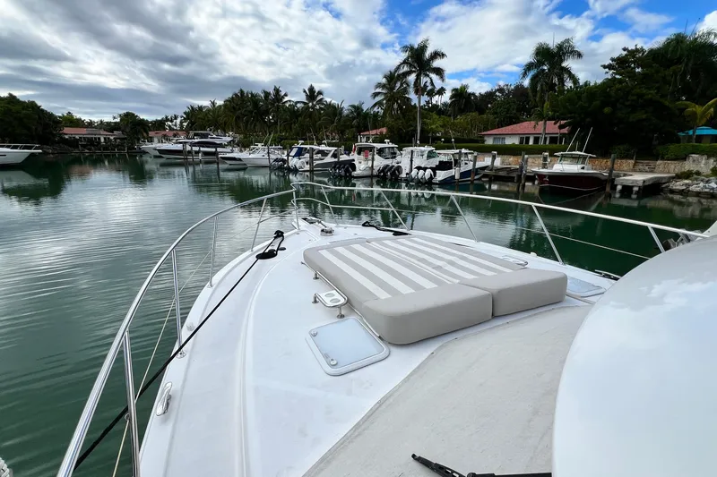  Yacht Photos Pics 2017 Riviera 445 SUV yacht docked in a serene marina with palm trees.
