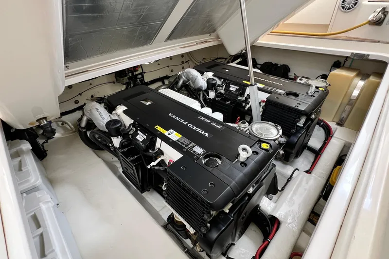  Yacht Photos Pics Engine room of 2017 Riviera 445 SUV with twin Volvo Penta engines.