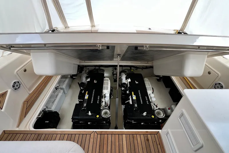  Yacht Photos Pics Engine compartment of 2017 Riviera 445 SUV with twin Volvo Penta engines.