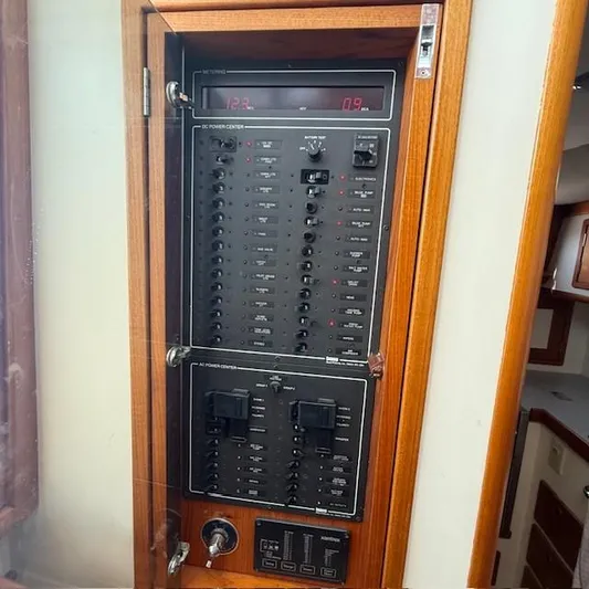  Yacht Photos Pics Electrical panel on a 1997 Little Harbor WhisperJet 46 boat, featuring DC and AC power controls.