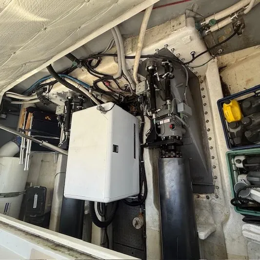  Yacht Photos Pics Engine compartment of a 1997 Little Harbor WhisperJet 46, showcasing mechanical components and wiring.