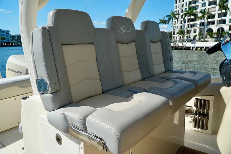 Af1 Yacht Photos Pics 2019 Scout 355 LXF boat seats with luxurious gray and white upholstery.