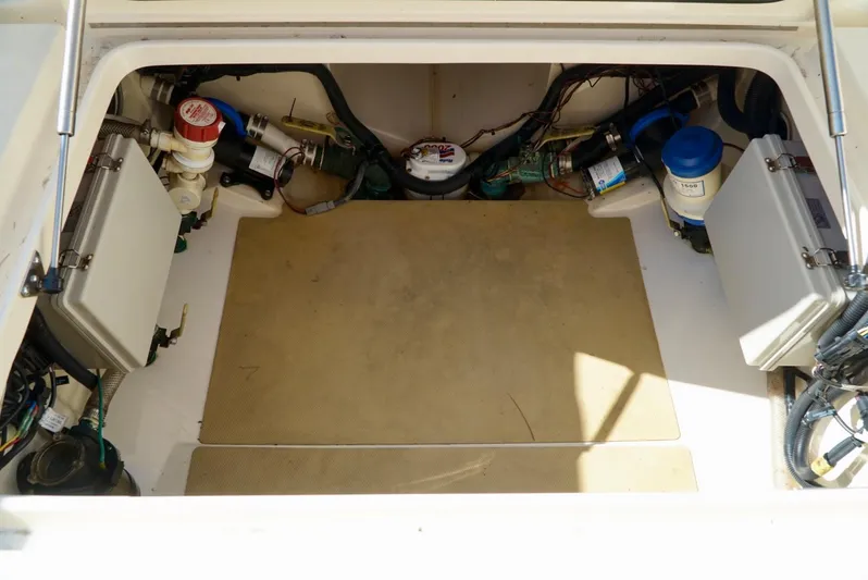 Af1 Yacht Photos Pics 2019 Scout 355 LXF engine compartment with visible components and wiring.