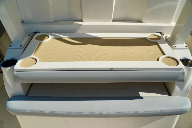 Af1 Yacht Photos Pics 2019 Scout 355 LXF boat seating area with integrated cup holders.