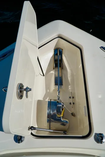 Af1 Yacht Photos Pics 2019 Scout 355 LXF boat anchor compartment with open hatch.