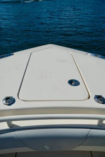 Af1 Yacht Photos Pics Bow of 2019 Scout 355 LXF boat on water.