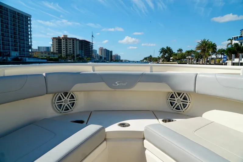 Af1 Yacht Photos Pics 2019 Scout 355 LXF boat interior with waterfront cityscape view.