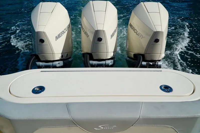 Af1 Yacht Photos Pics 2019 Scout 355 LXF boat with triple Mercury outboard engines on water.