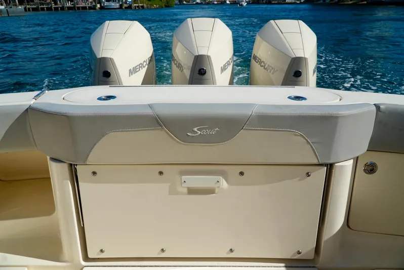 Af1 Yacht Photos Pics 2019 Scout 355 LXF boat with triple Mercury engines on a sunny day.