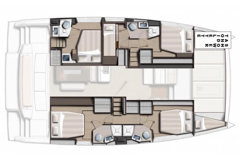 Fortunate Sun Yacht Photos Pics Floor plan of a 2022 Bali 4.6 yacht, featuring cabins and amenities.
