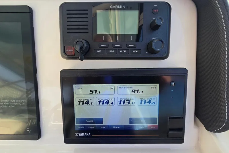  Yacht Photos Pics Dashboard of 2022 Grady-White Freedom 285 with Garmin and Yamaha displays.