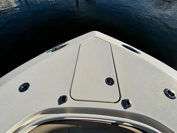  Yacht Photos Pics 2016 Scout 350 LXF boat bow with sleek design and stainless steel fixtures.