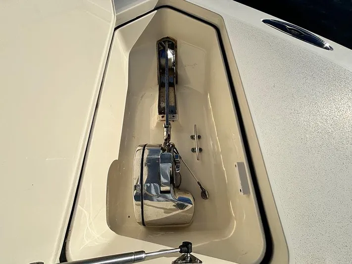 Yacht Photos Pics Anchor compartment of 2016 Scout 350 LXF boat with stainless steel fittings.