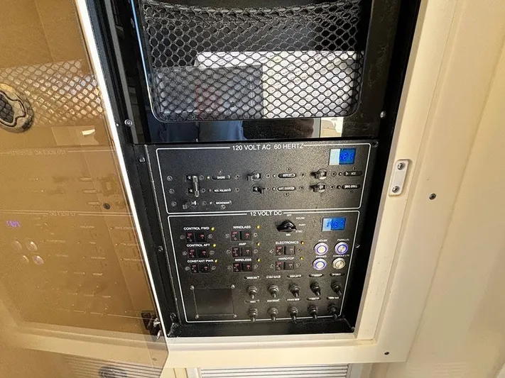  Yacht Photos Pics Control panel of a 2016 Scout 350 LXF boat, featuring various switches and indicators.