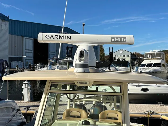  Yacht Photos Pics 2016 Scout 350 LXF boat with Garmin xHD2 radar at marina.