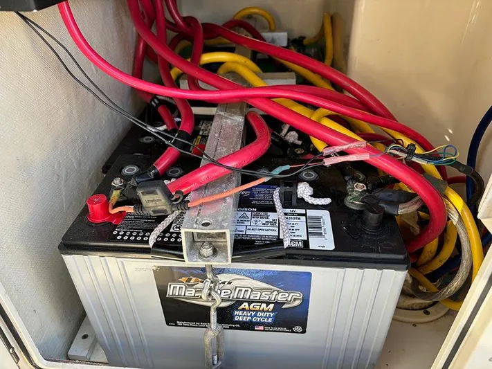  Yacht Photos Pics Marine battery with red and yellow cables in a 2016 Scout 350 LXF boat.