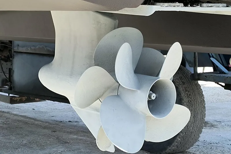 Gail’s Storm IV Yacht Photos Pics Close-up of a 2015 Meridian 441 Sedan boat propeller on dry dock.