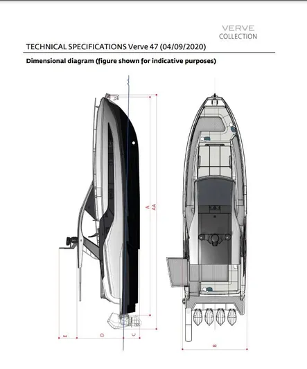 Making Memories II Yacht Photos Pics Technical specifications diagram of the 2022 Azimut Verve 47 boat model.