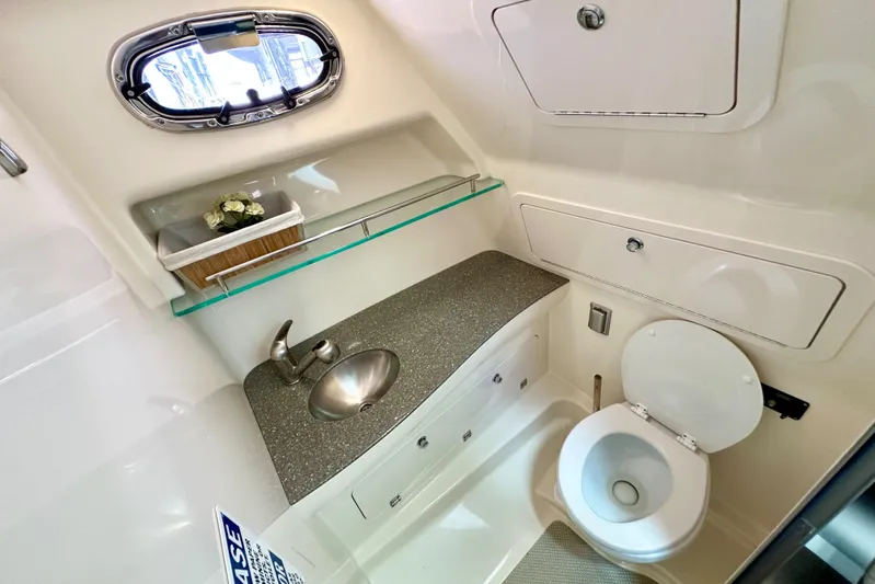 Extra Vagancia Yacht Photos Pics 2015 Boston Whaler 315 Conquest bathroom with sink, toilet, and storage.