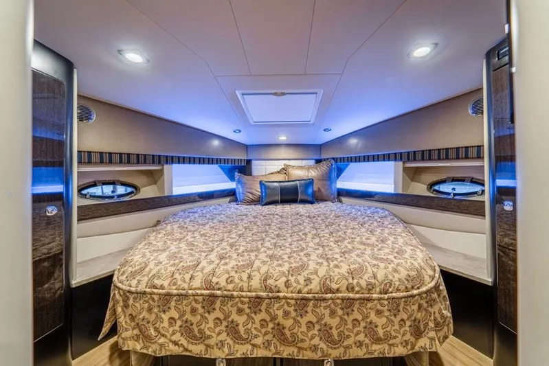 Beautiful Now Yacht Photos Pics Luxurious interior of 2015 Formula 45 Yacht with elegant bedding and ambient lighting.