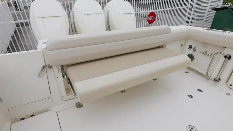  Yacht Photos Pics 2018 Boston Whaler 380 Outrage boat with foldable seating and triple engines.