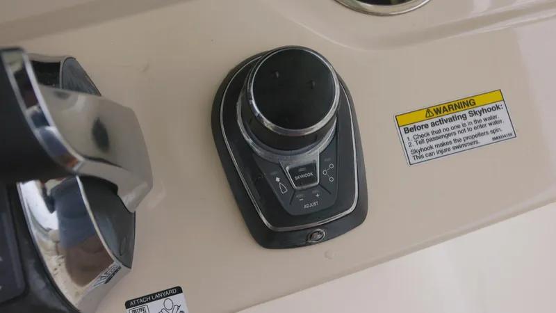  Yacht Photos Pics Control panel on a 2018 Boston Whaler 380 Outrage boat with warning labels.