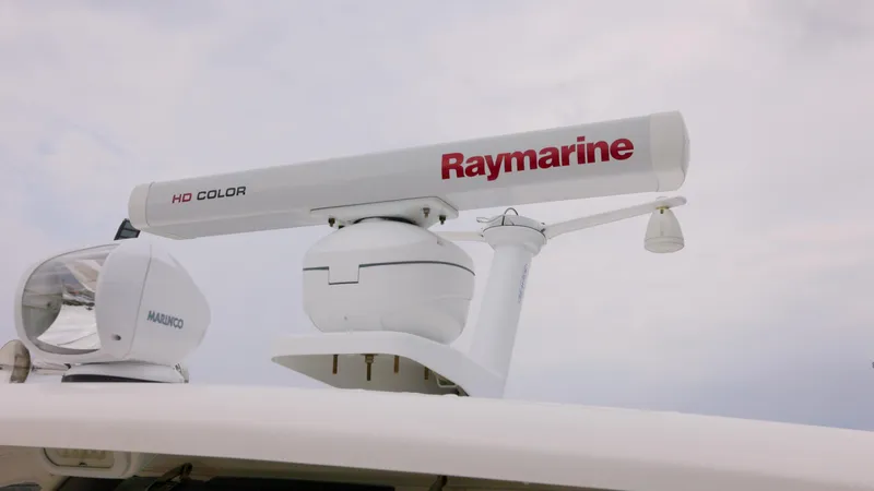  Yacht Photos Pics Raymarine radar on 2018 Boston Whaler 380 Outrage boat, featuring advanced navigation technology.